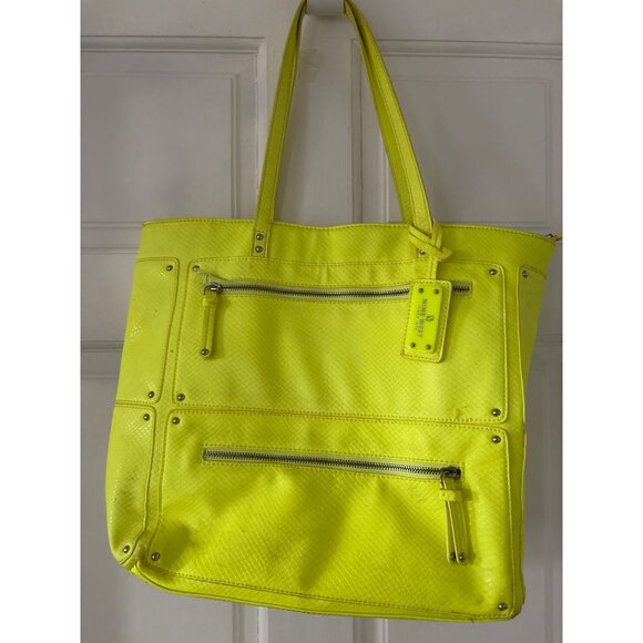 Nine West Bright Yellow Tote Bag With Multiple Zipper Pockets & Printed Interior - Picture 10 of 14